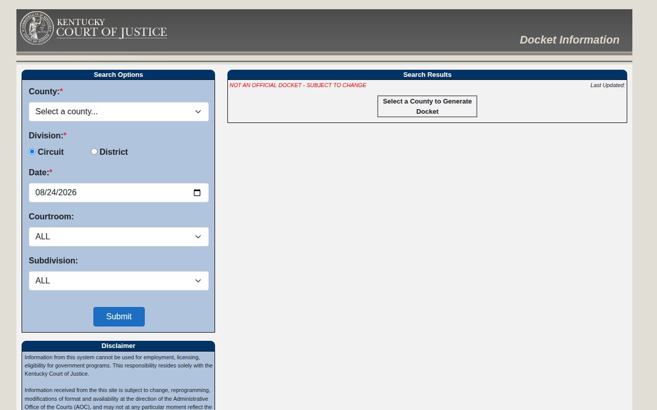 Kentucky docket search for Muhlenberg County arrest cases