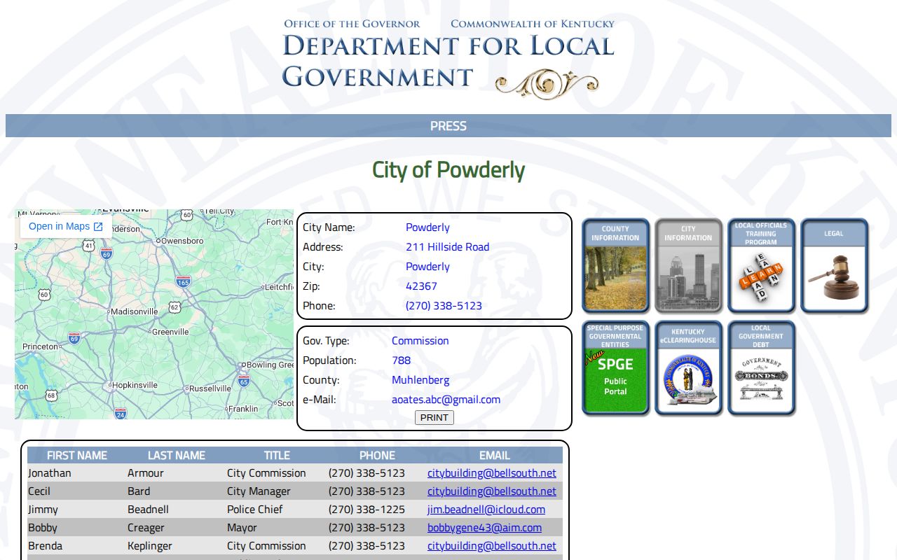 Powderly official city and police arrest record contact page in Muhlenberg County